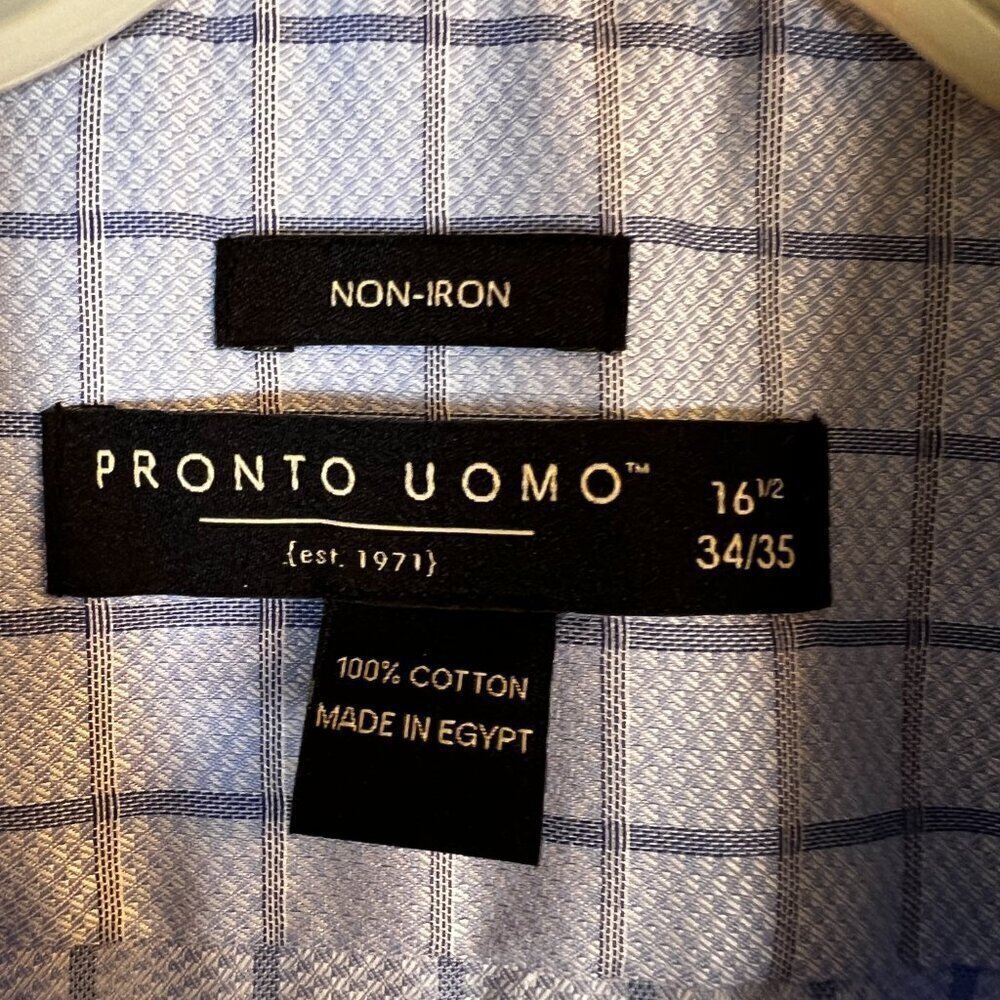 Pronto Uomo Cotton Non Iron Blue Windowbox Check Dress Shirt Size 16 1/2 32/33 - Picture 2 of 8